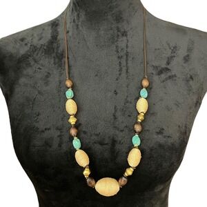 Cookie Lee Beaded Necklace Wood Turquoise Color Boho Statement Jewelry 31 in